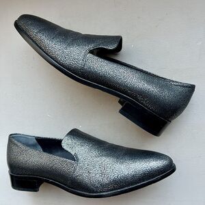 Paige Madison Gunmetal Metallic On Black Leather Slip‎ On Loafer Shoes Women's 9